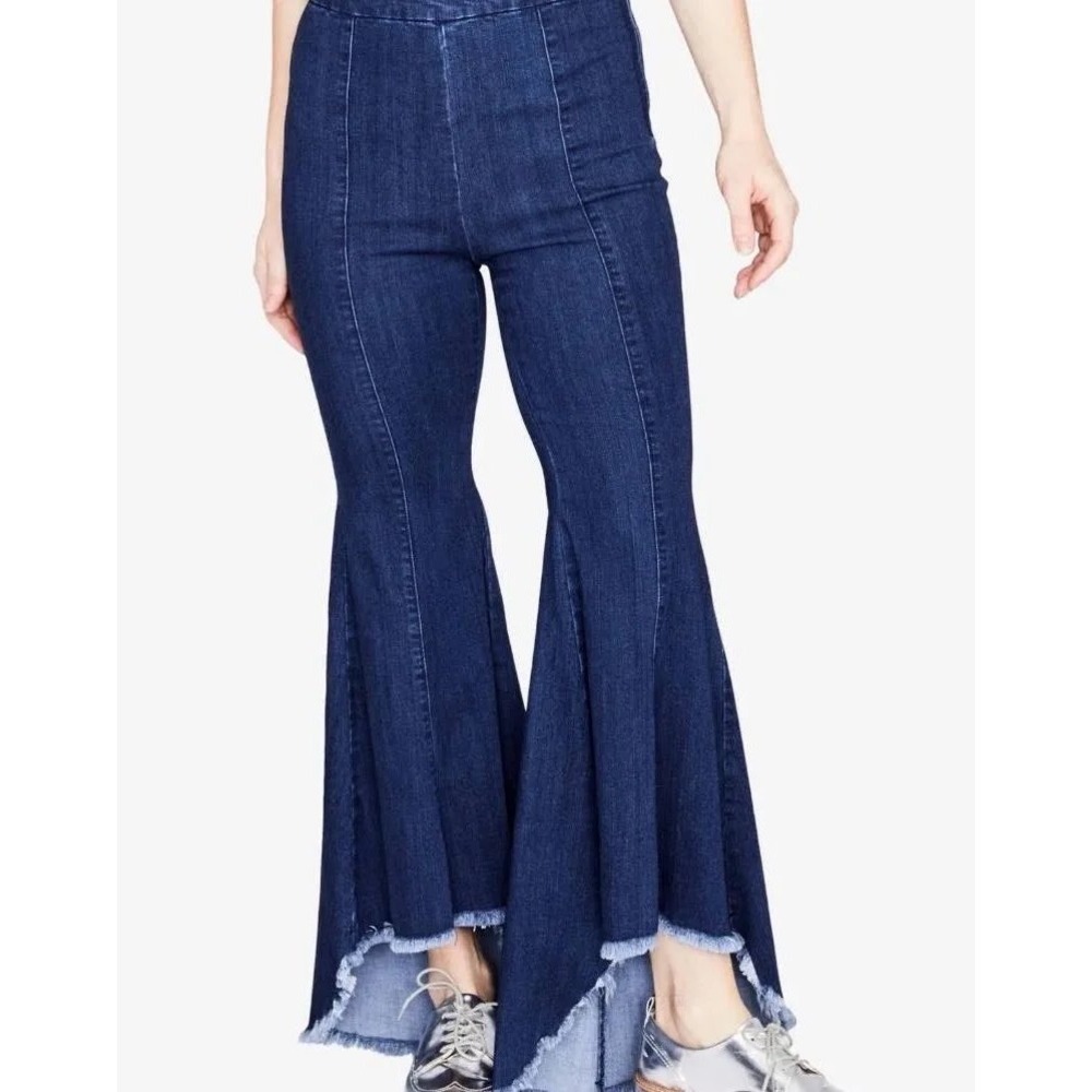 NWT Rachel Roy Dolly Crop Flare Jeans Dark Wash High Low Raw Hem Side Zip 30‎